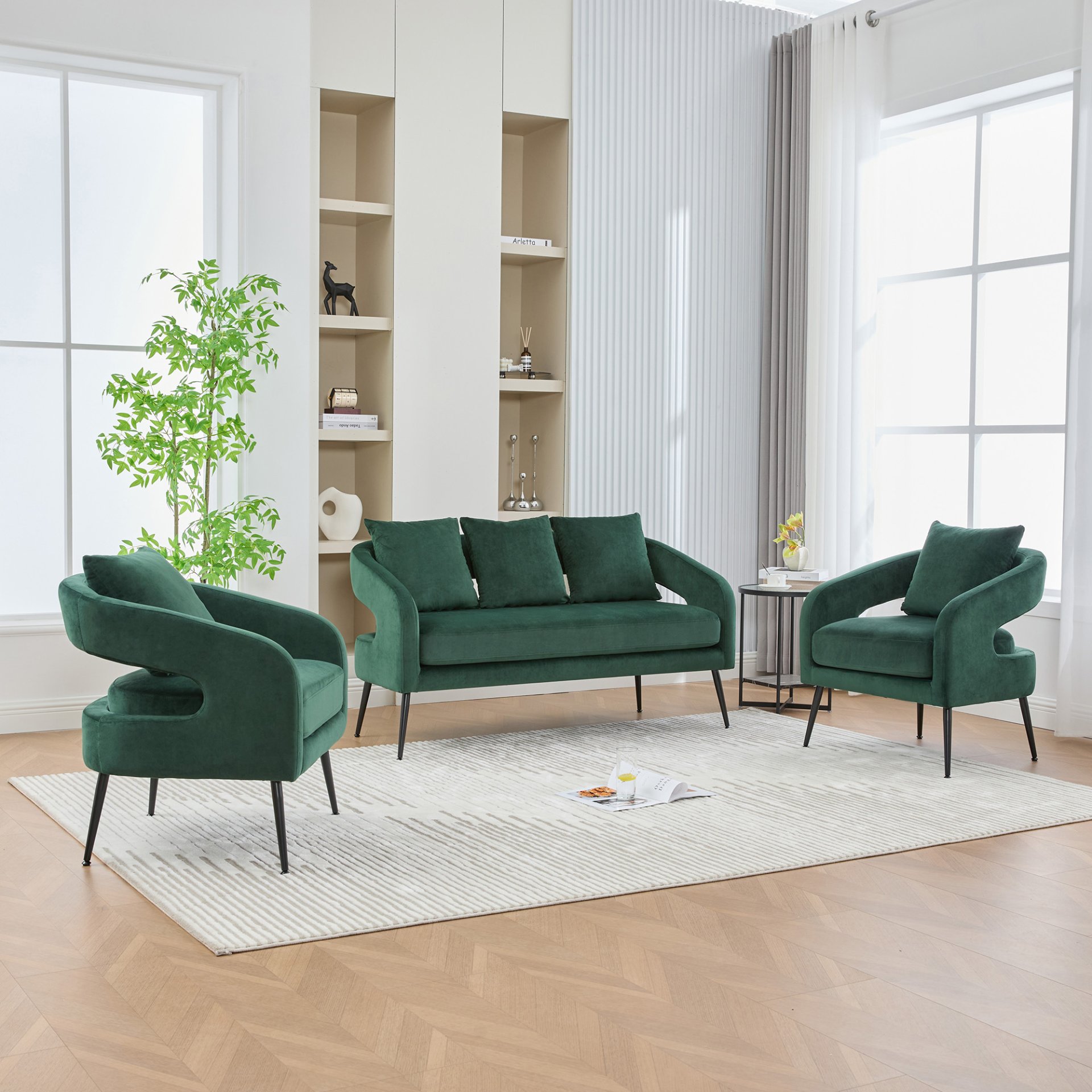 3 Piece Upholstered Sofa Set, Loveseat & 2 Accent Chairs For Small Living Spaces - Green - Image 4