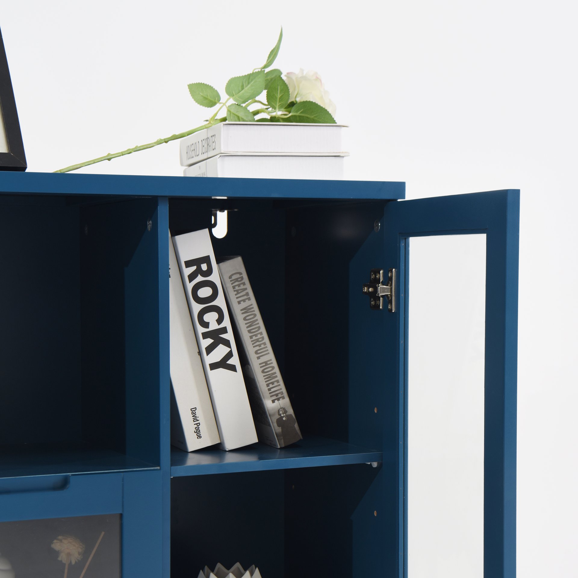 Painted Cabinet With Glass Doors, Drawer, And Open Storage Space For Bedroom And Living Room - Navy Blue - Image 18