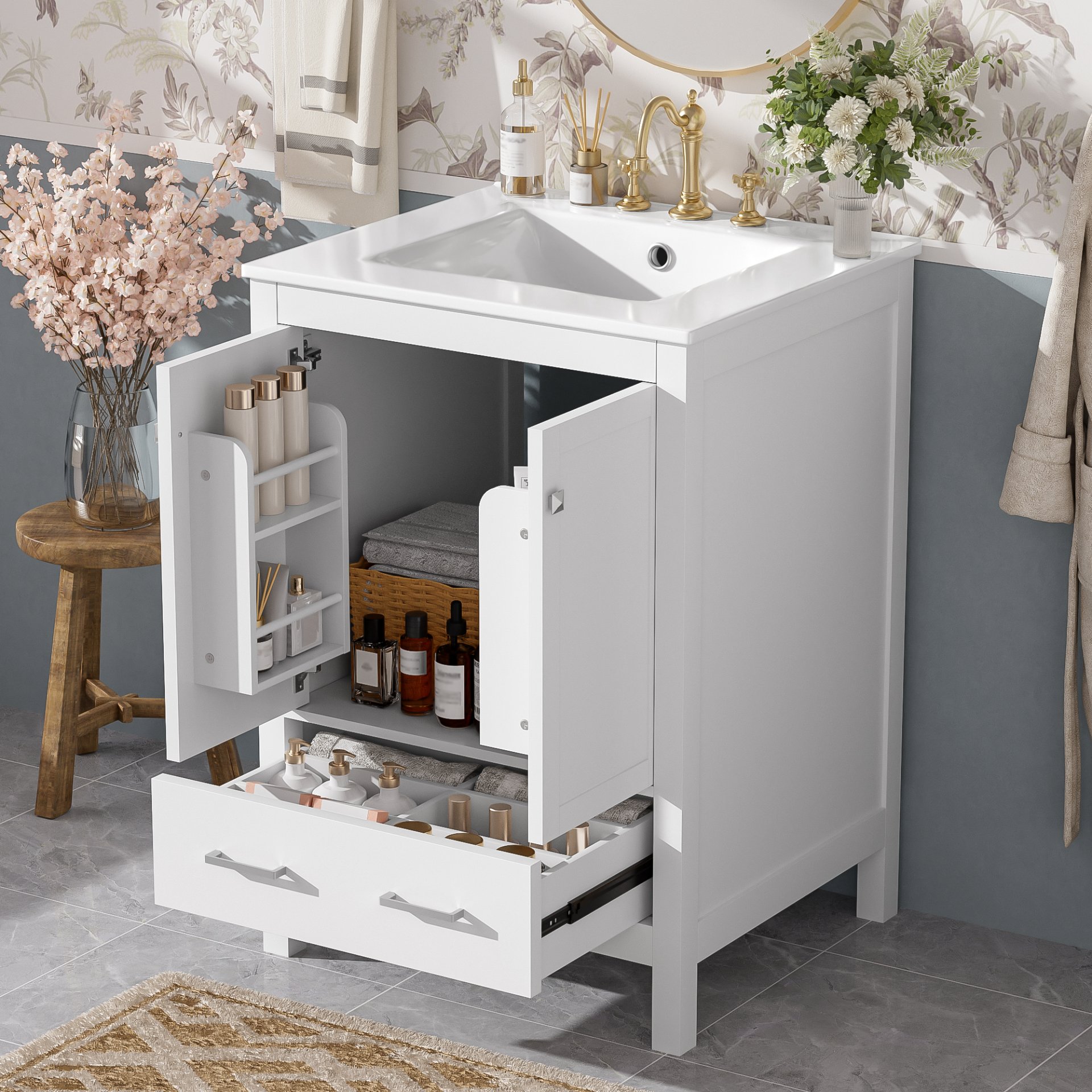 24" Bathroom Vanity With Integrated Undermount Sink, Soft Close Doors, 2 Doors 1 Drawer Storage - White - Image 3