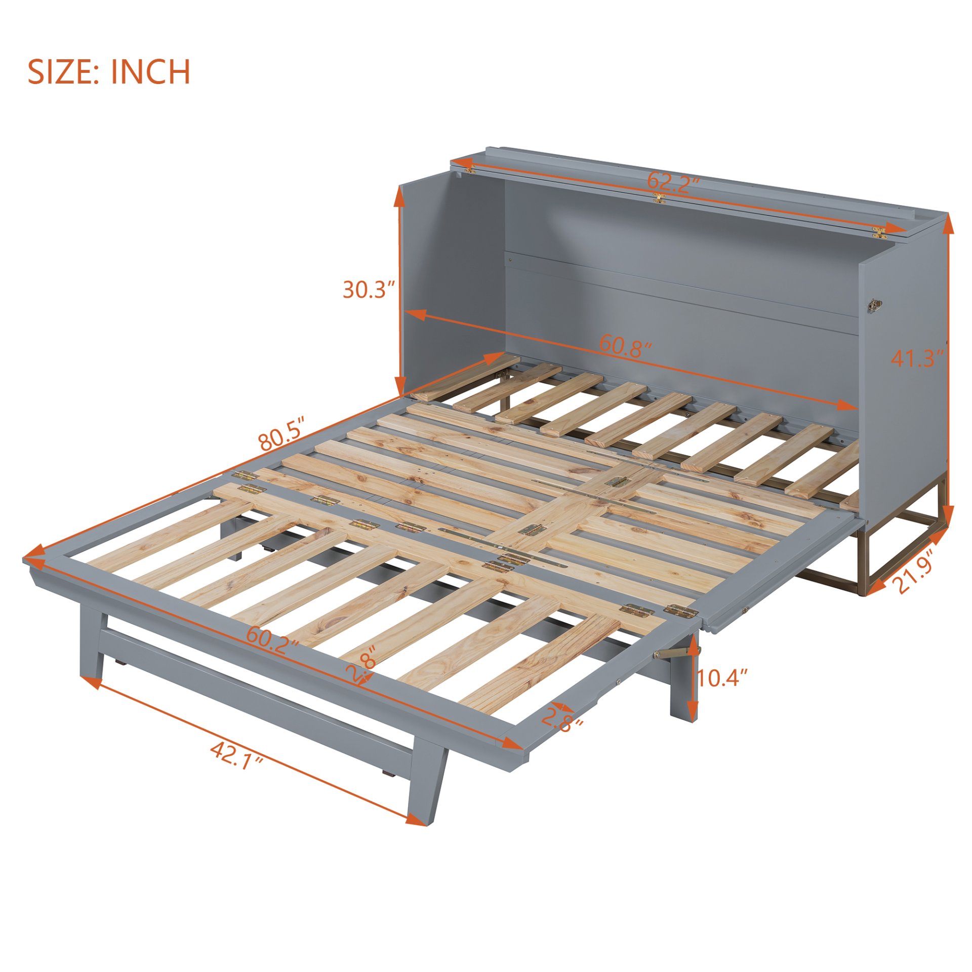 Queen Murphy Bed With Frosted Glass Doors Design, Fake Drawers, Metal Legs - Gray - Image 20