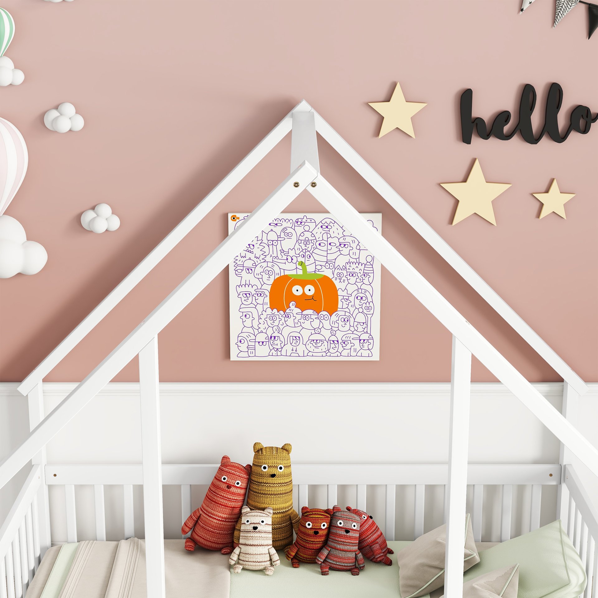 Full Wood House-Shaped Floor Bed With Fence, Guardrails - White - Image 5