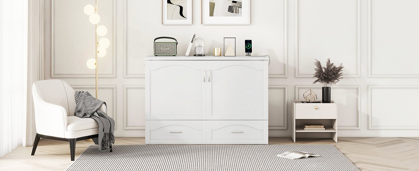 Full Size Murphy Wall Bed With Drawer And A Set Of Sockets & USB Ports, Pulley Structure Design - White - Image 17