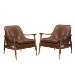 Mid Century Accent Chair Set With Cushioned Seat, Solid Wood Frame, Brass Tipped Legs - Dark Brown