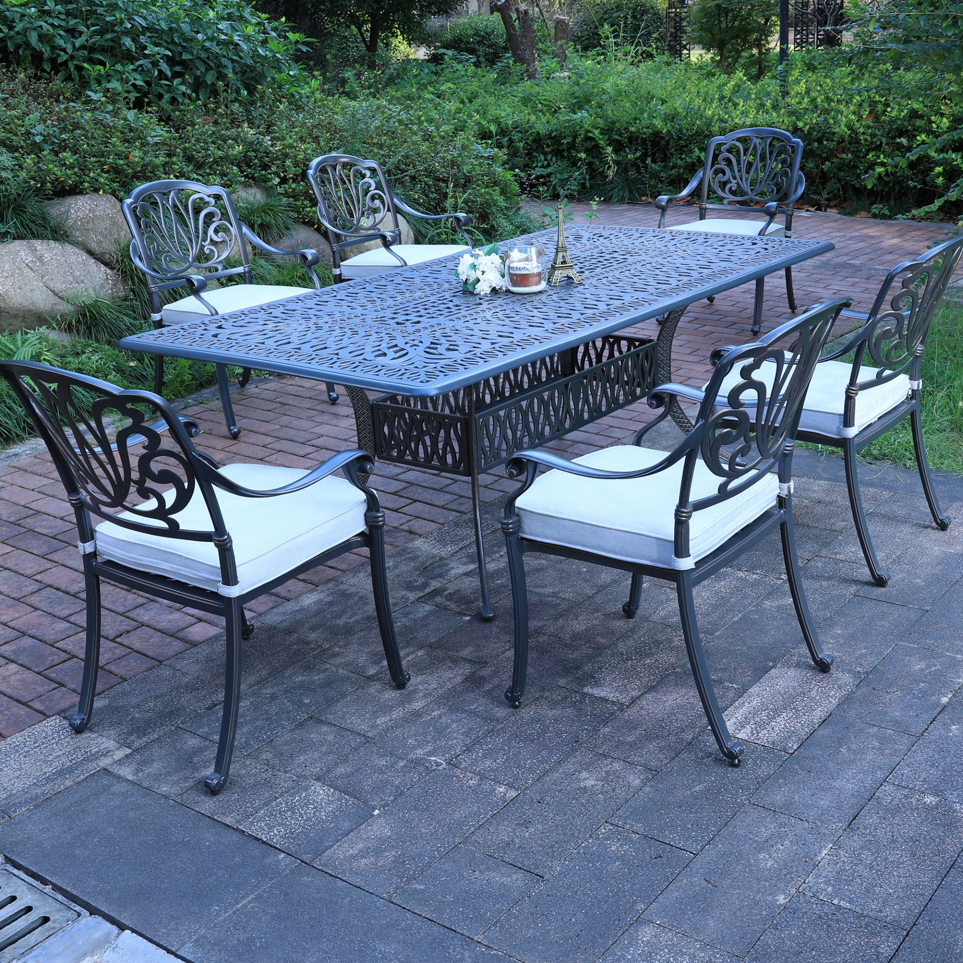 Rectangular 6 Person 84.25" Long Dining Set With Cushions - Dark Gray / White - Image 3