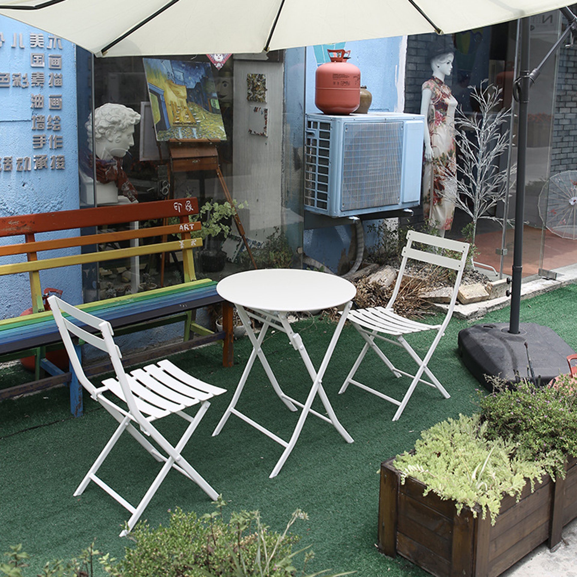 3 Piece Patio Bistro Set Of Foldable Round Table And Chairs - White - Image 18