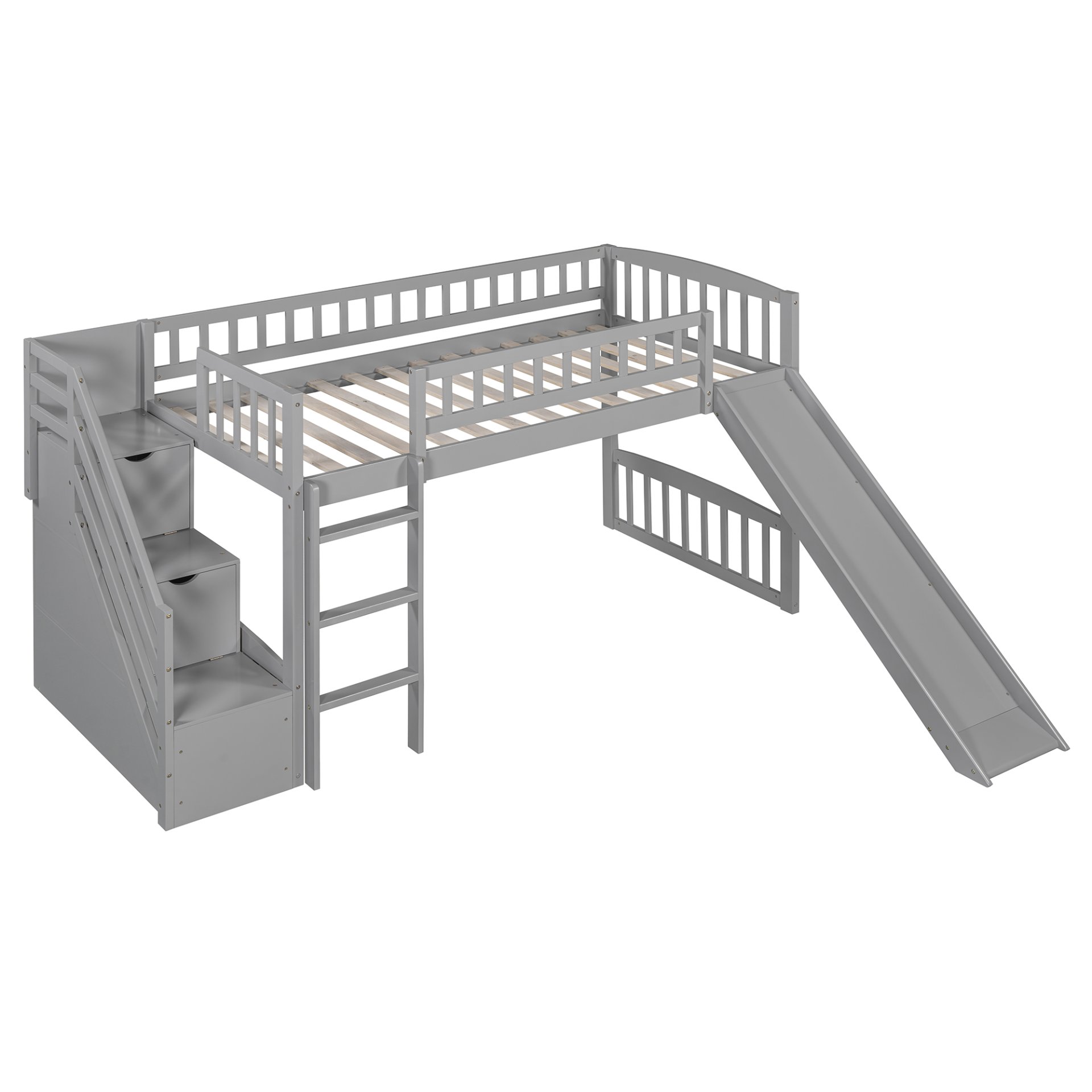 Twin Size Loft Stairway Bed With 2 Drawers And Slide - Gray - Image 4