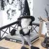 Sitting Gnome With Broomstick & Long Legs, For Halloween Decor - Black White - Image 9