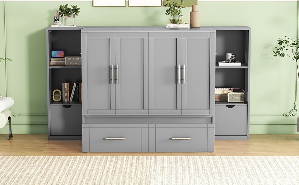 Queen Size Murphy Bed With Shelves, Drawers And USB Ports - Gray - Image 15
