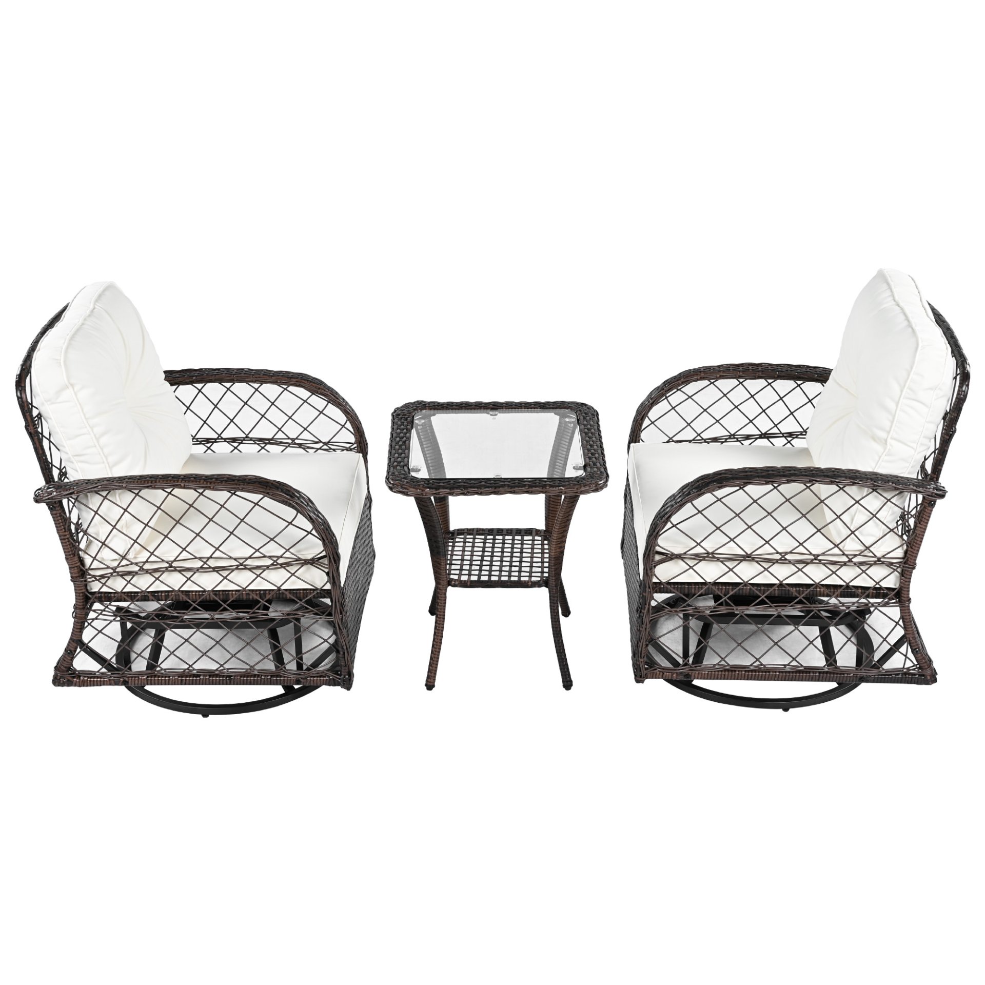 3 Piece Outdoor Chair & Table Set Chat Set 2 Person Rattan Seating Group With 2 Swiveling And Rocking Chairs And A Square Table For Garden, Patio, Or Balcony - Brown - Image 16