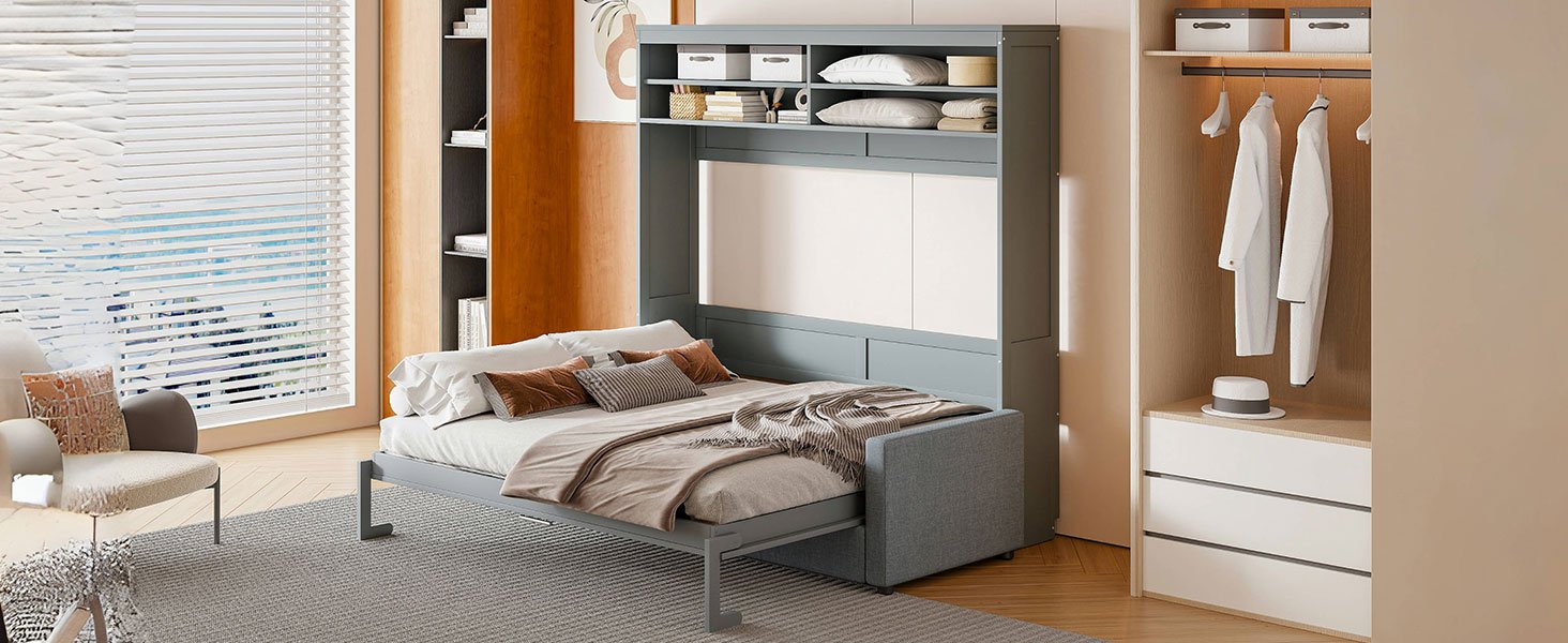 Queen Size Murphy Wall Bed With Sofa - Gray - Image 23