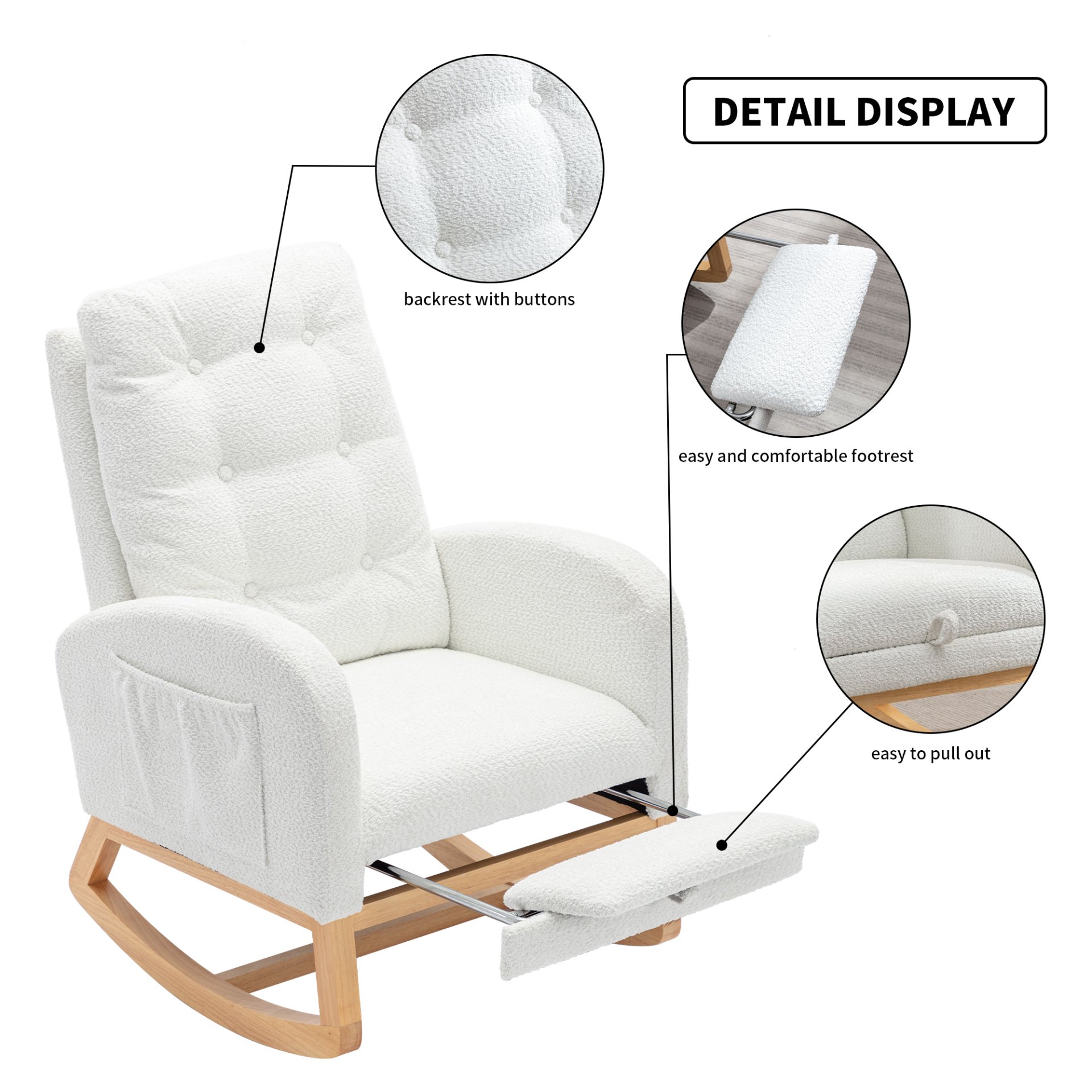 Accent Rocking Chair With Footrest High Back Rubber Wood Rocking Legs Bedroom Living Space - White - Image 11