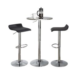 Ale - 3 Piece Bar Set Bistro Round Contemporary Adjustable Oval Footrest - Silver / Chrome - Black