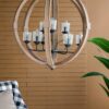 9 Light Globe Chandelier, Wood Chandelier Hanging Light Fixture With Adjustable Chain For Kitchen, Bulb Not Included - Brown - Image 5