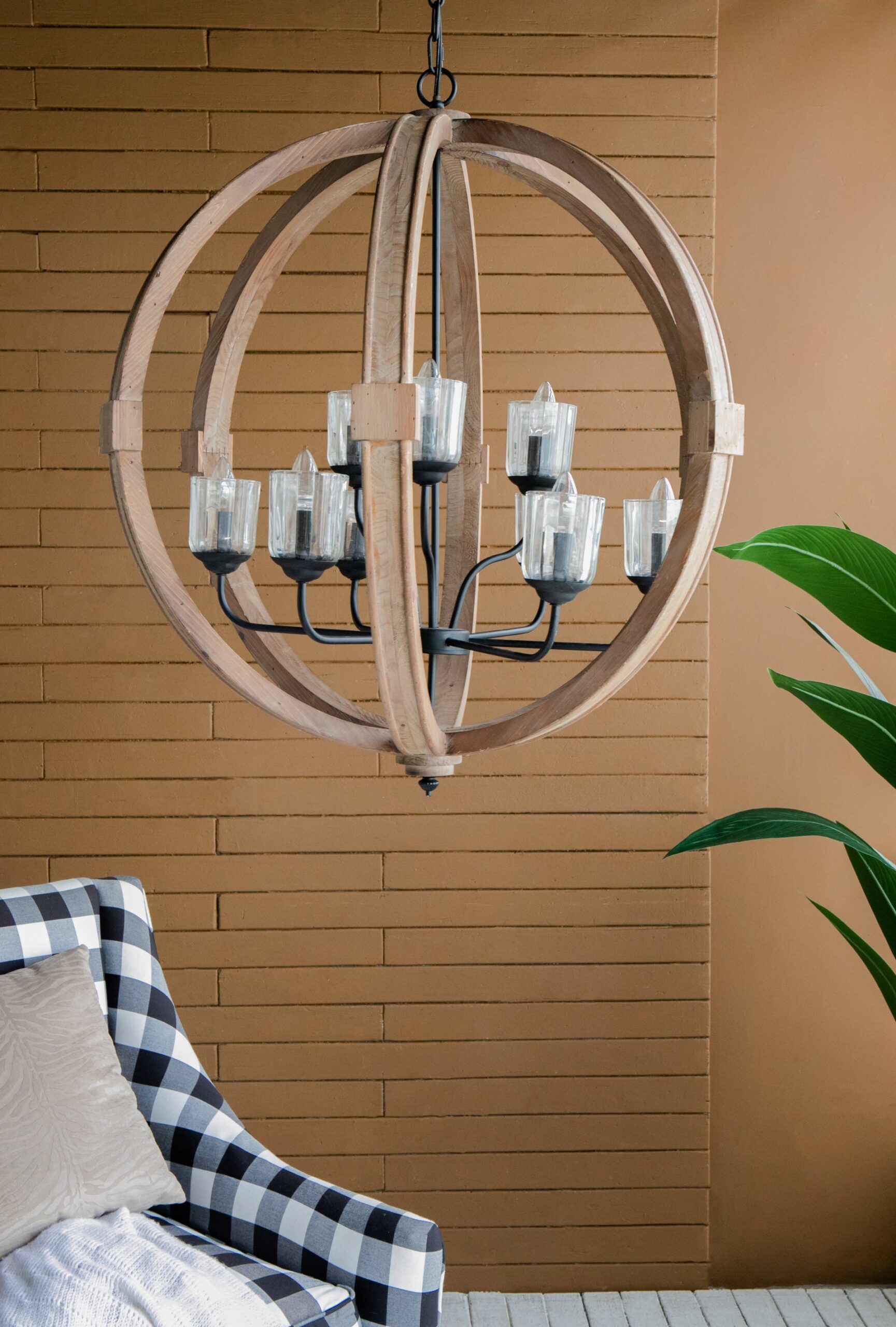 9 Light Globe Chandelier, Wood Chandelier Hanging Light Fixture With Adjustable Chain For Kitchen, Bulb Not Included - Brown - Image 5
