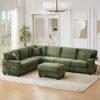 Modern Sectional Sofa U Shaped With Movable Ottoman And Side Storage Pockets Corduroy - Green - Image 8