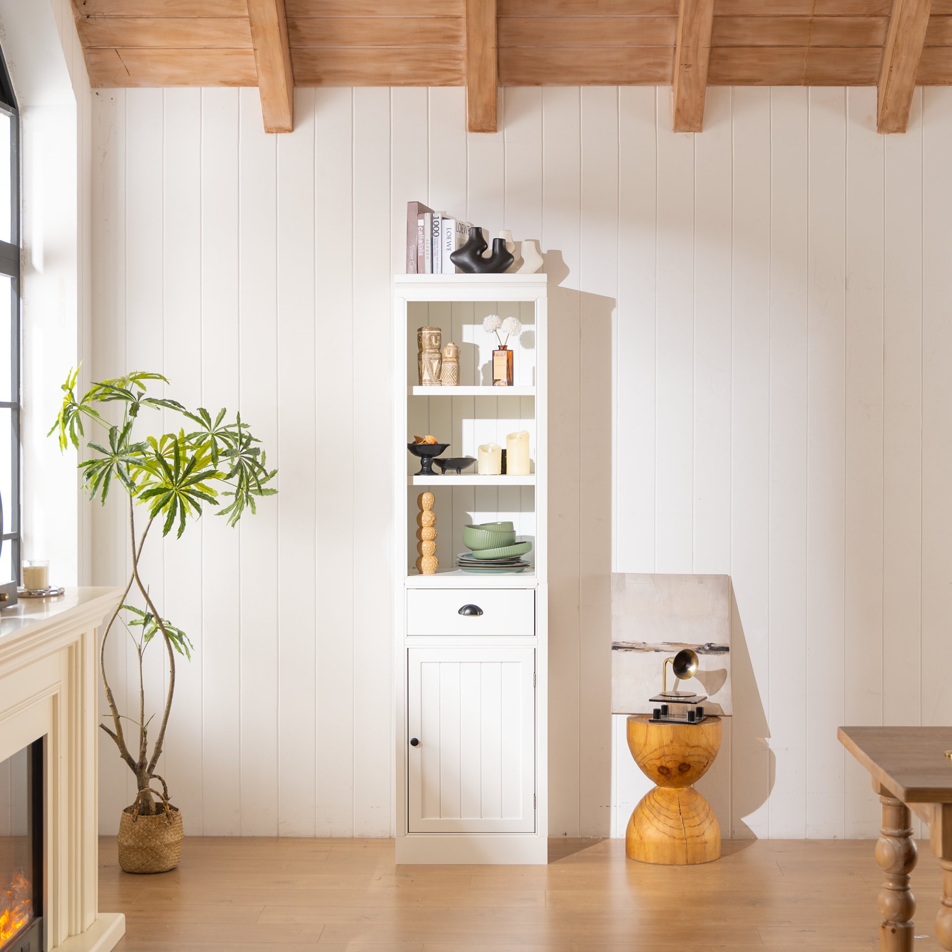 Retro Style 75'' Tall Display Shelf With Cabinet For Hallways Living Room Kitchen - White - Image 7