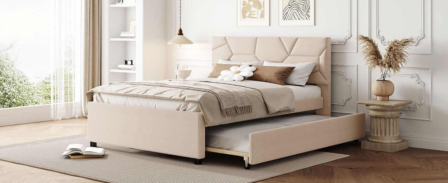 Full Size Upholstered Platform Bed With Brick Pattern Headboard And Twin Size Trundle - Beige - Image 11