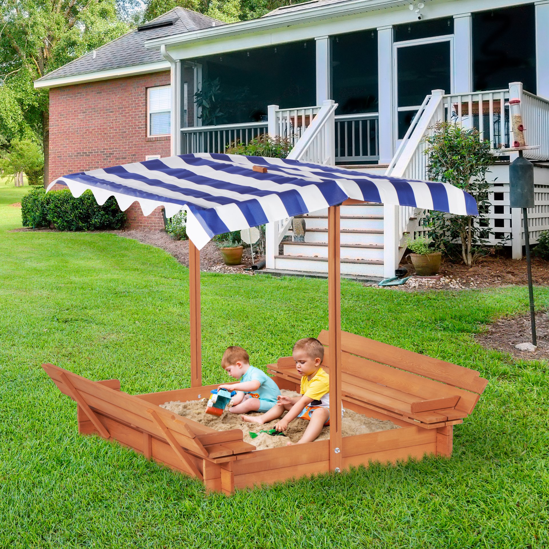 Kids Sandbox With Adjustable Cover, Sand Box With 2 Foldable Bench Seats, Outdoor Sandpit For Backyard Play - Light Brown - Image 6