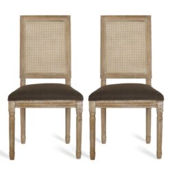 French Country Dining Chair Set With Upholstered Seats And Cane Backrest - Brown