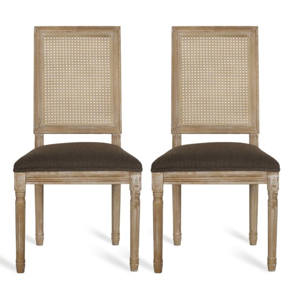 French Country Dining Chair Set With Upholstered Seats And Cane Backrest - Brown
