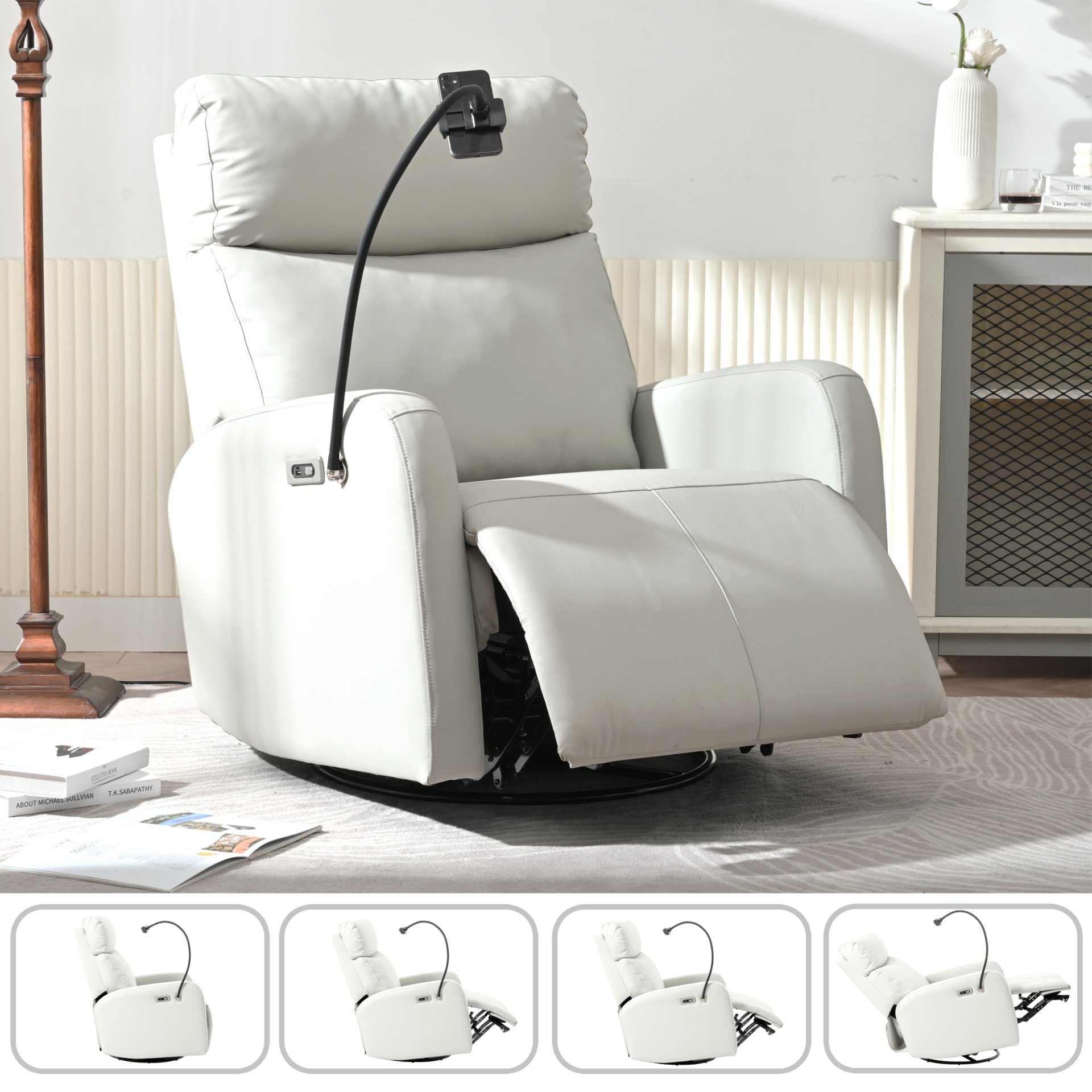 31.5" 270 Power Swivel Rocker Recliner Chair, Electric Glider Reclining Sofa With USB Ports, Power Swivel Glider, Rocking Chair Nursery Recliners For Living Room Bedroom - Light Gray - Image 9