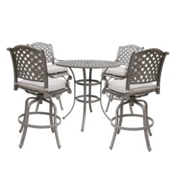 5 Piece Cast Aluminum Bar Set With Cushion, Round Table - Gray Ash