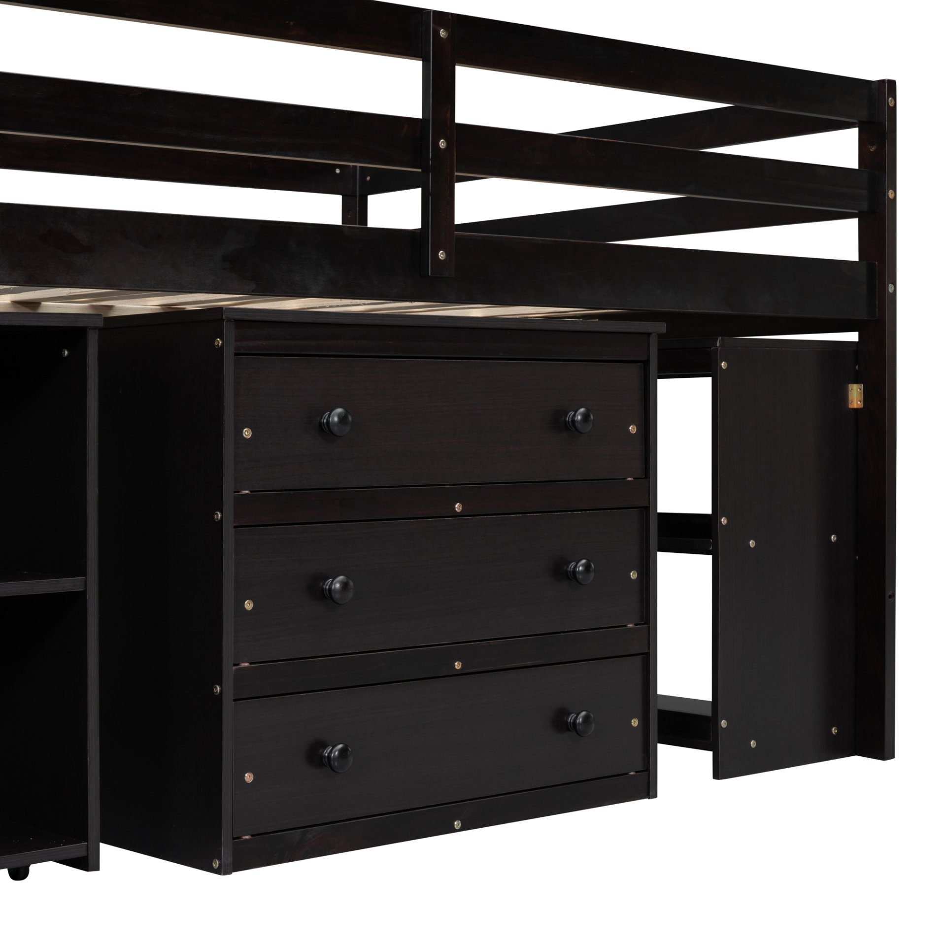 Full Size Loft Bed With Retractable Writing Desk And 3 Drawers With Storage Stairs And Shelves - Espresso - Image 14