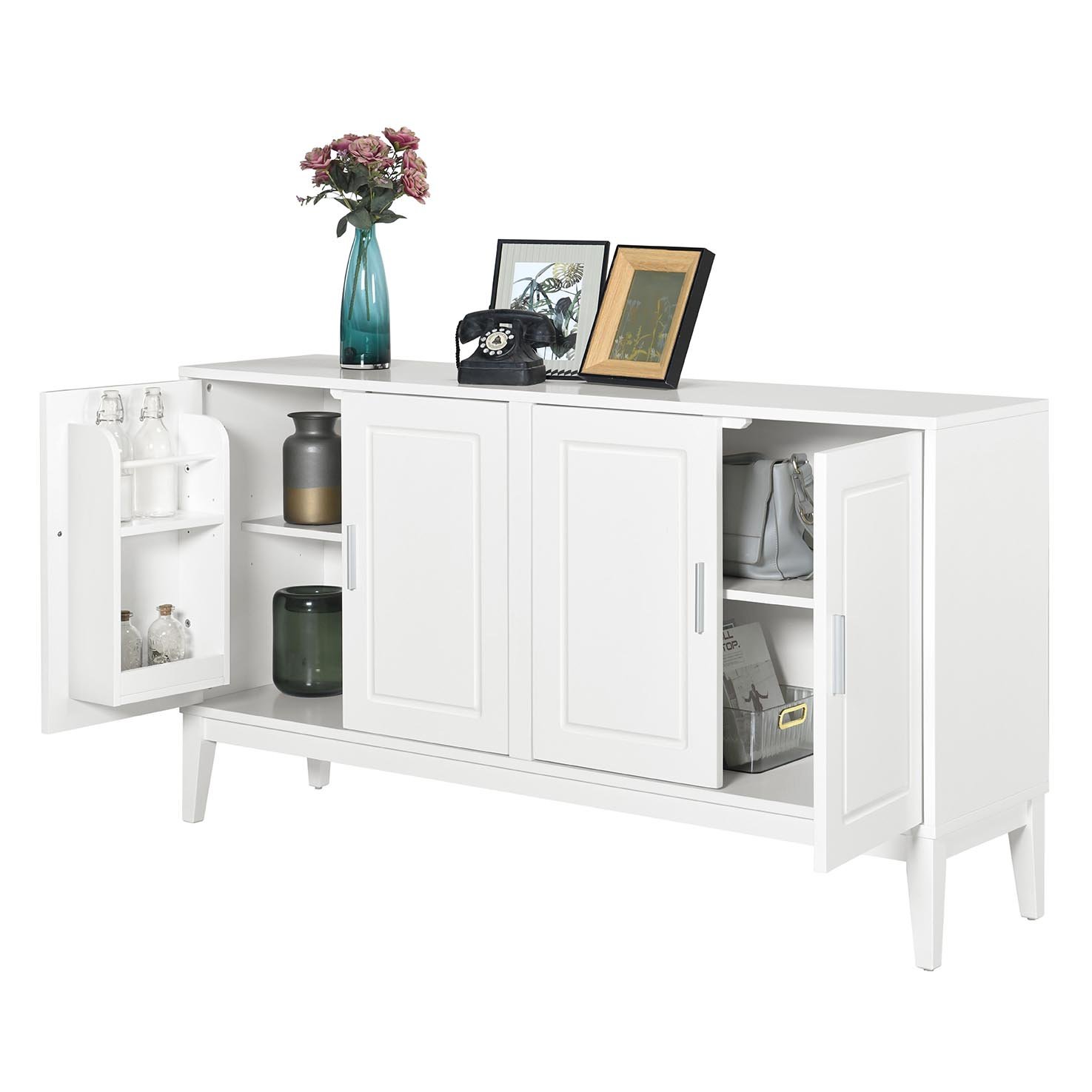 4 Door Sideboard Storage Cabinet With Door Shelf For Living Room And Dining Room, 2 Large Cabinets With Adjustable Shelf - White - Image 9