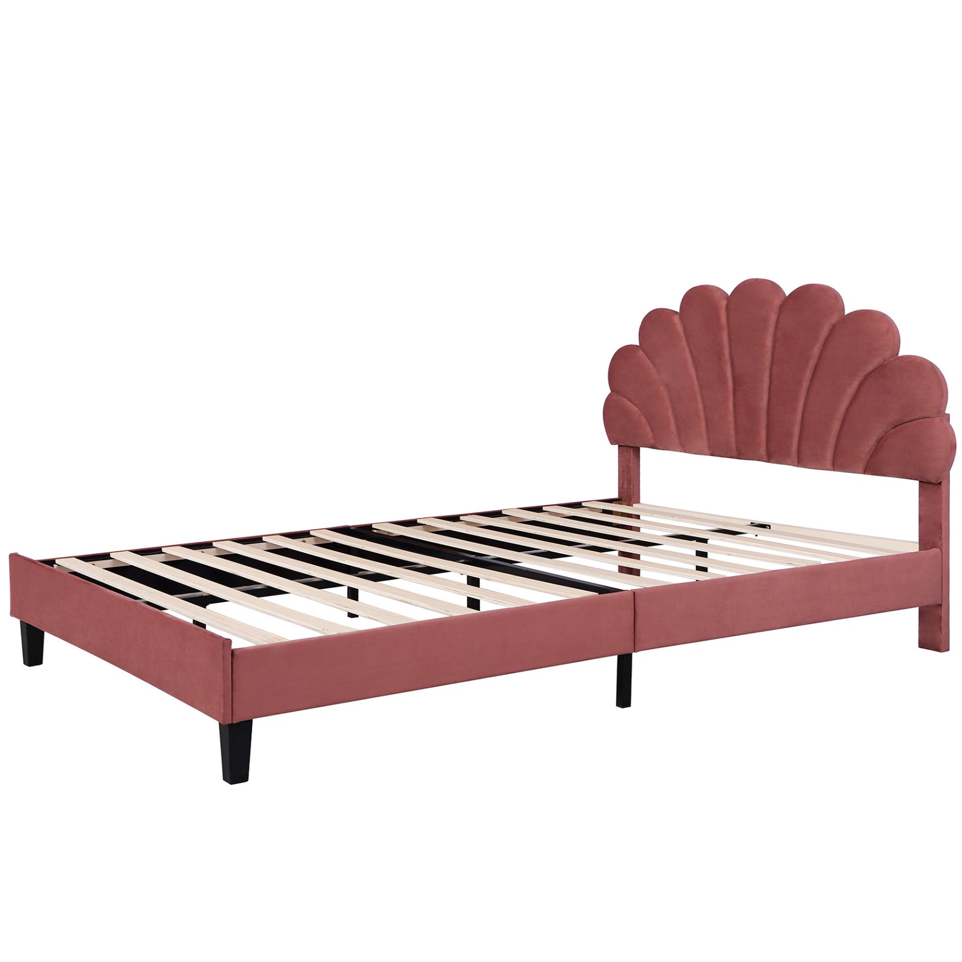 Queen Size Upholstered Platform Bed With Flower Pattern Headboard - Bean Paste Red - Image 5
