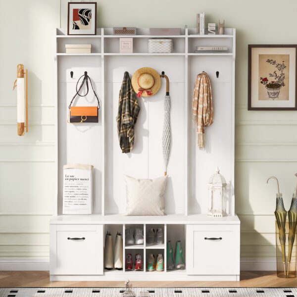 5 In 1 Entryway Bench With Coat Rack, 7 Sturdy Hooks, 2 Spacious Drawers And Adjustable Shelves, Wide Hall Tree With Metal Handles For Hallway - White