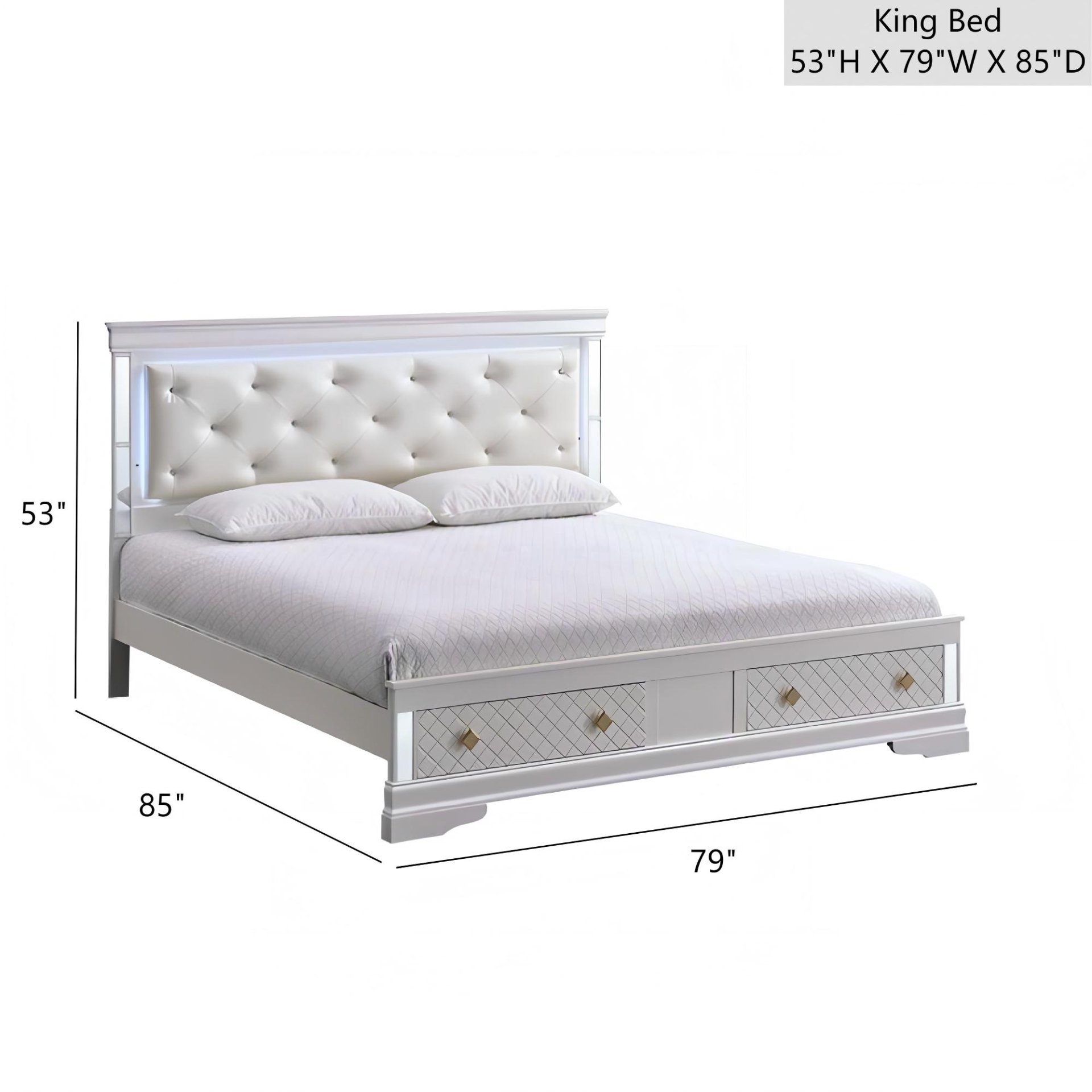 Verona - King Bed With Jeweled Tufted Upholstered Headboard And LED Accent Lighting - White - Image 3