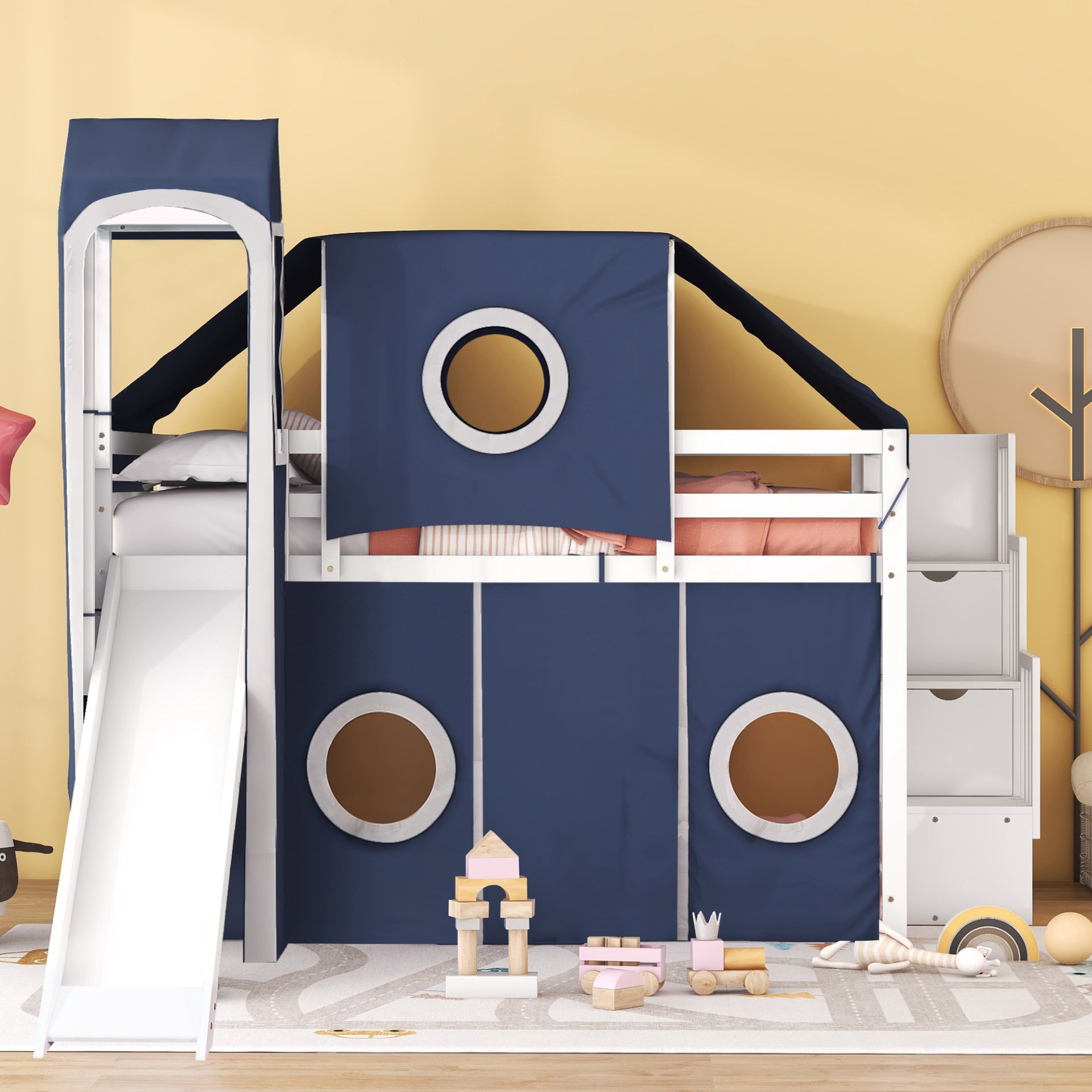 Full Size Loft Bed With Tent And Tower - Blue - Image 2