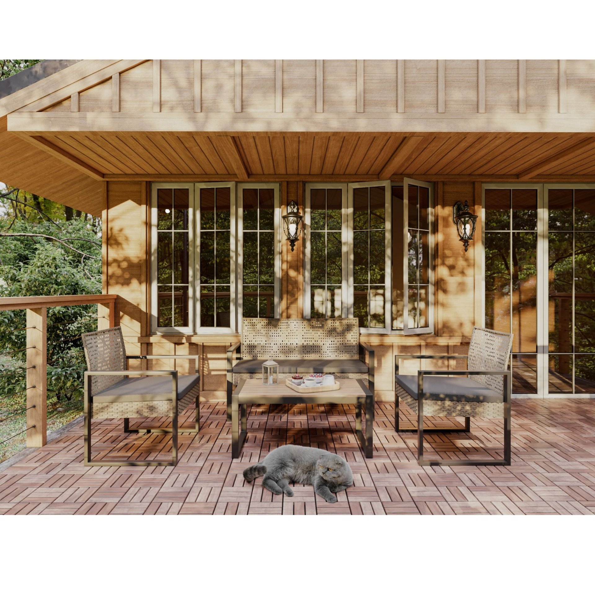 4 Piece Patio Furniture Set Outdoor Balcony Porch Garden Backyard Lawn Furniture Acacia Wood Table Top, Morden - Black And Light Brown - Image 18