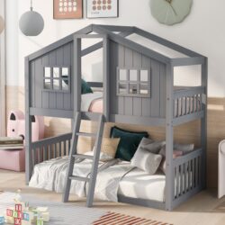 Twin Over Twin House Bunk Bed With Ladder - Gray