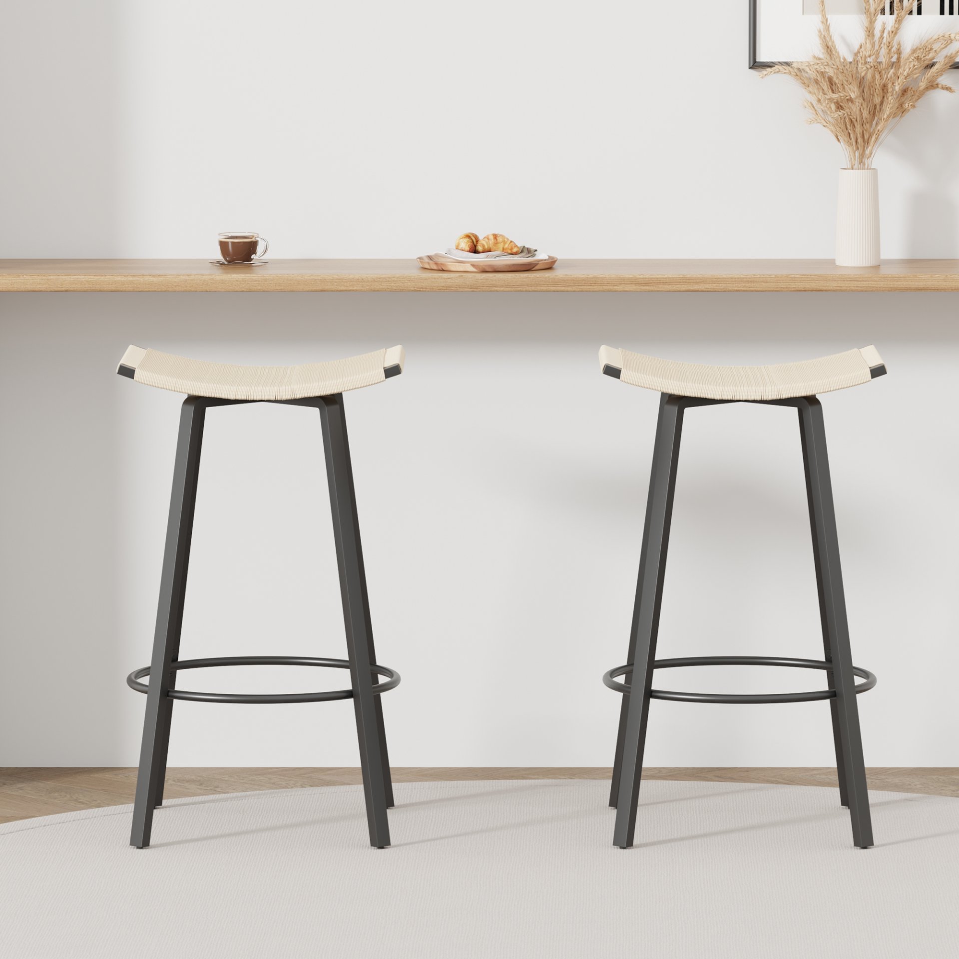 Counter Height Bar Stools Backless Handwoven Kitchen Dining Chairs With Round Footrest (Set of 2) Weaving Pub Stoo - Creamy White - Image 4