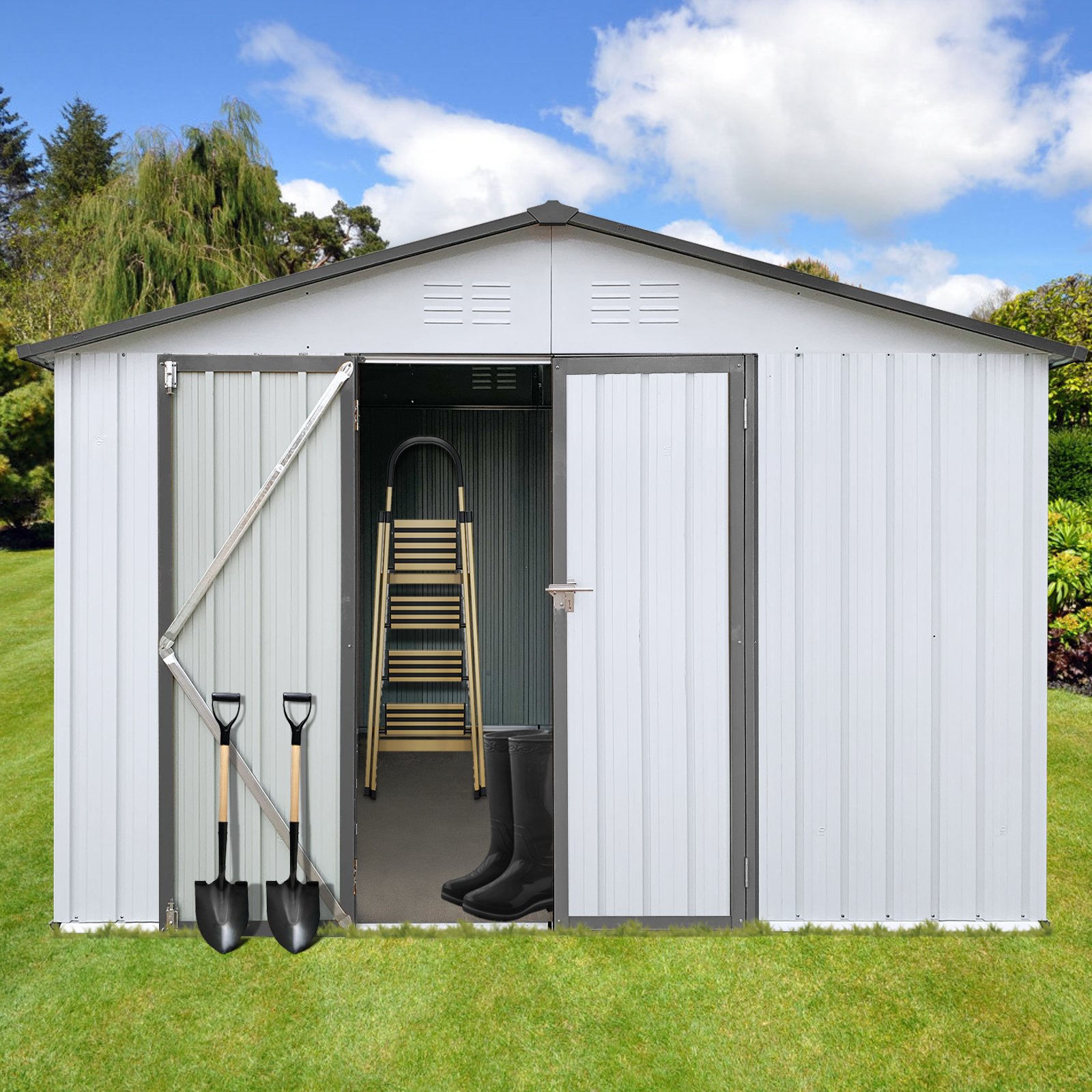 10'x12' Garden Sheds Outdoor Storage Sheds - White / Gray - Image 4