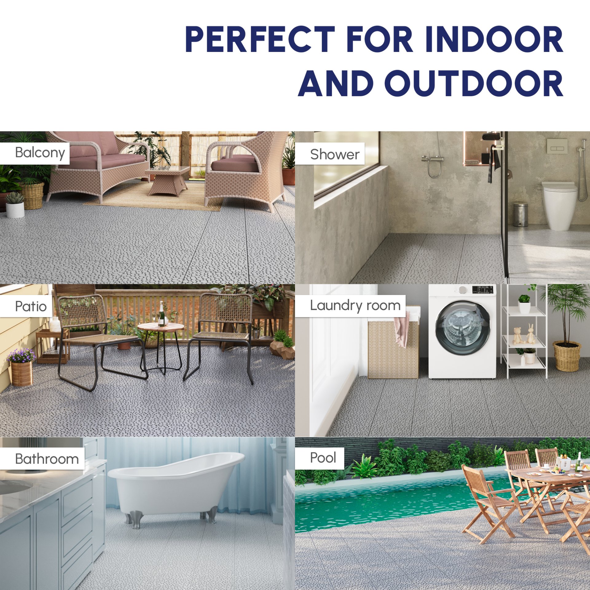 Interlocking Deck Tiles Plastic Waterproof Outdoor All Weather Anti-Slip Bathroom Shower Balcony Porch Strong Weight Capacity Upto 440 Lbs, Pebble Stone Pattern Pack Of 60 - Gray - Image 27