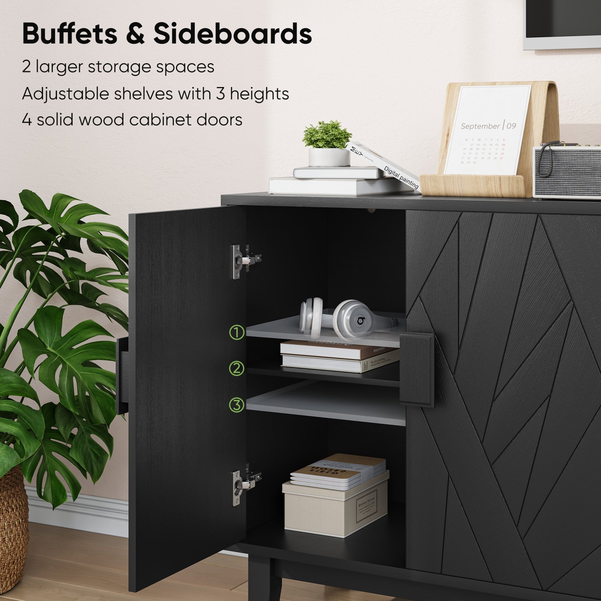 Modern Style Buffet Cabinet, Storage Side Cabinet Buffet Cabinet, Medieval Modern Multifunctional Decorative Cabinet Suitable For Living Room, Dining Room, Entrance, Corridor, Kitchen - Black - Image 6