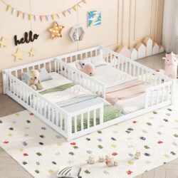 Double Twin Floor Bed With Fence, Guardrails, Without Door - White