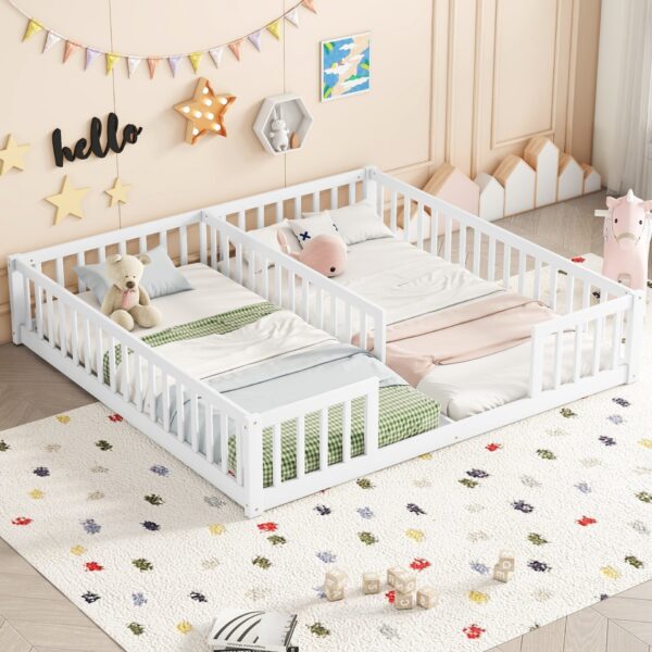 Double Twin Floor Bed With Fence, Guardrails, Without Door - White