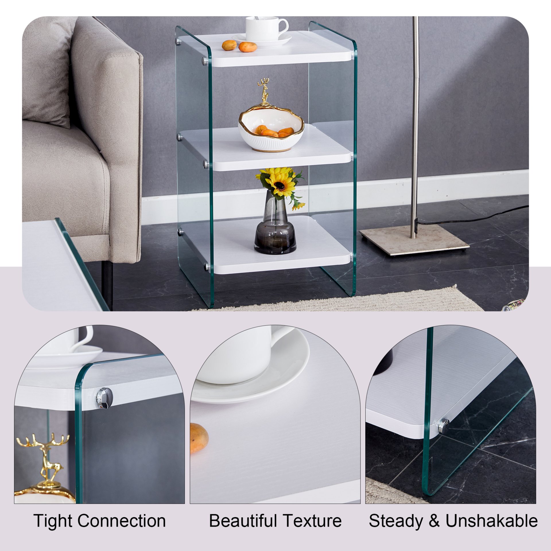 Simple Elegant Bedside Table With Storage Function And Tempered Glass - White - Image 8
