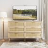 Rattan 6 Drawers Chest Of Dressers For Bedroom, Modern 6 Drawer Dresser, Wide Chest Of Drawers With Wood Handles, Rattan Dresser Storage Cabinet For Living Room, Bedroom, Hallway - Natural Wood / Oak - Image 8