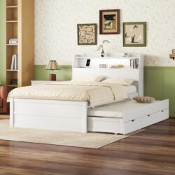Full Size LED Platform Bed With Trundle With Storage Headboard With Drawers - White