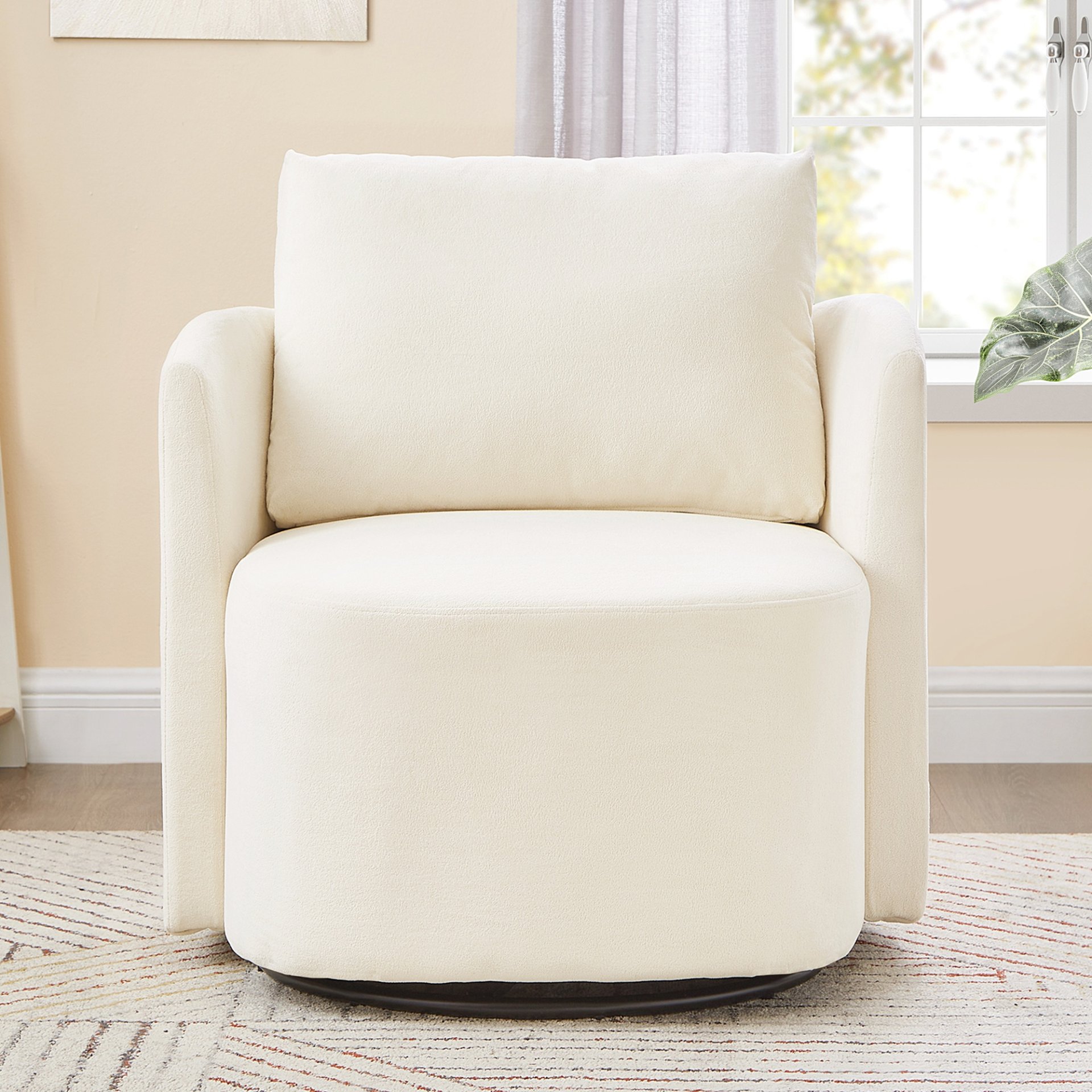 360° Swivel Chair With Upholstered Curved Design - Beige - Image 2
