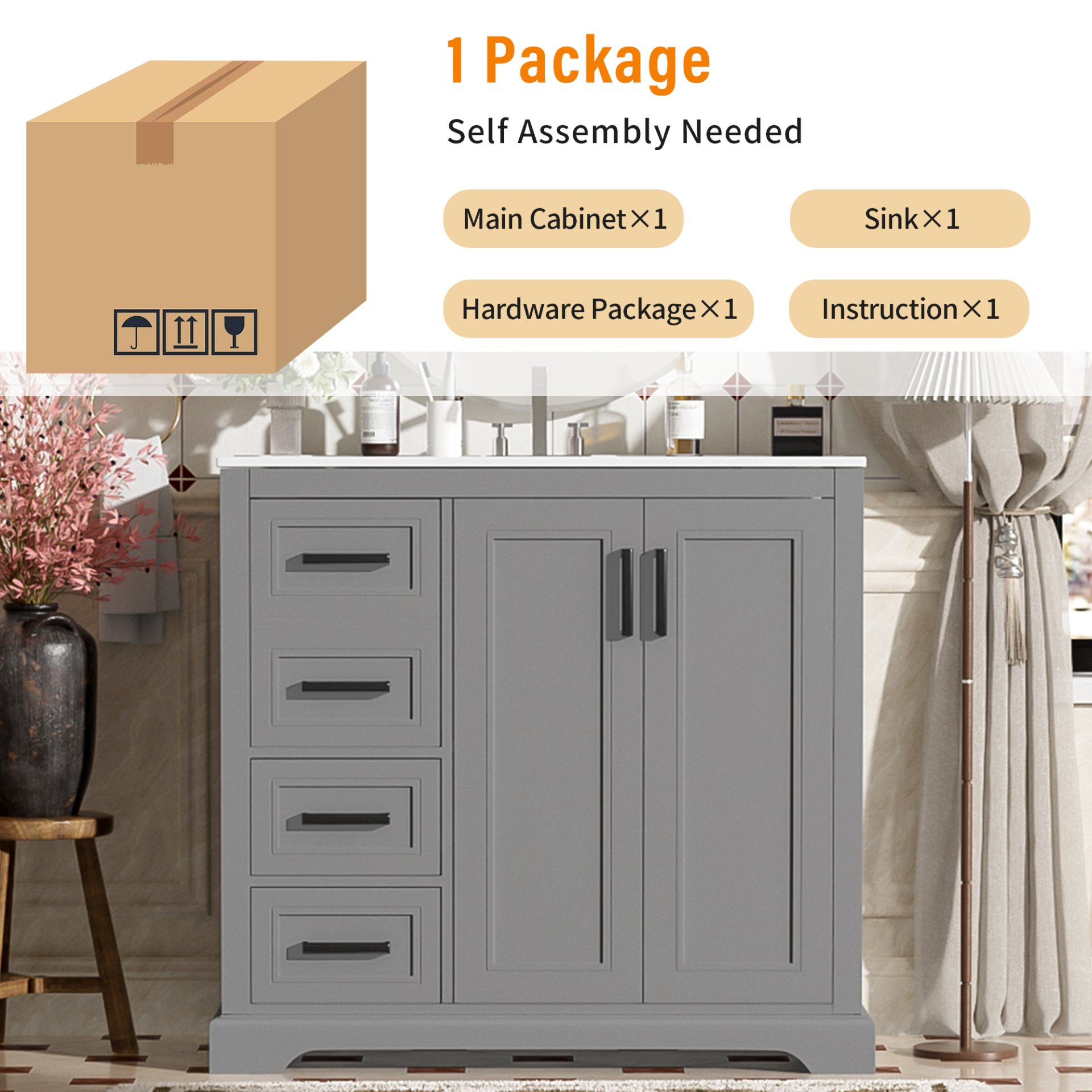 36" Bathroom Vanity With Sink, Soft Close Doors, Adjustable Shelf & 3 Drawers - Gray - Image 9