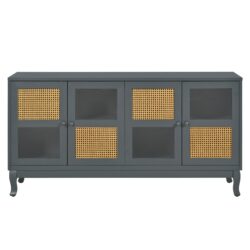 Retro Industrial Gray 4 Door Sideboard With Large Storage, Rattan And Glass Doors - Antique Dark Gray / Rattan