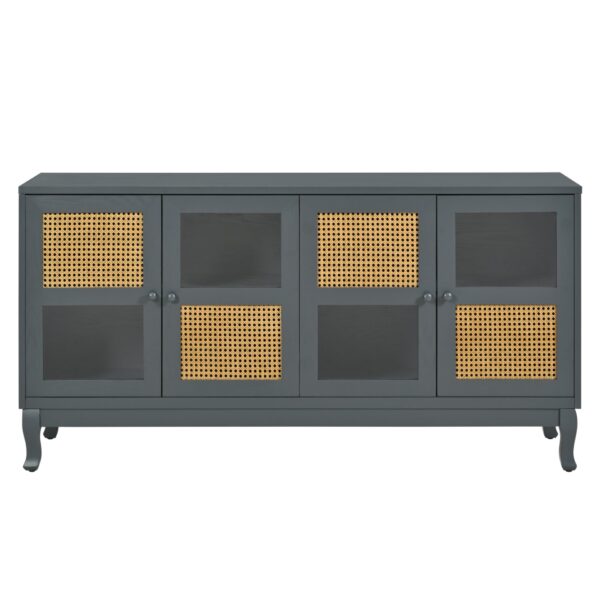 Retro Industrial Gray 4 Door Sideboard With Large Storage, Rattan And Glass Doors - Antique Dark Gray / Rattan