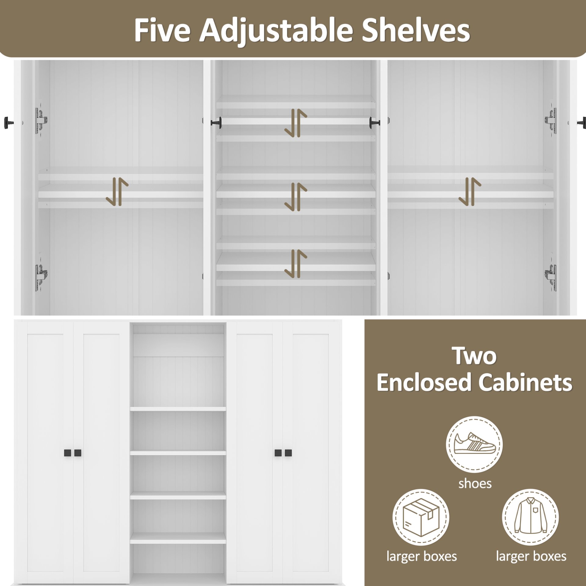 Hall Tree With Bench And 5 Storage Cubbies, Modern Entryway Storage Organizer Cabinet With 4 Doors, 5 Drawers And Adjustable Shelves For Hallway, Entryway, Living Room - White - Image 8