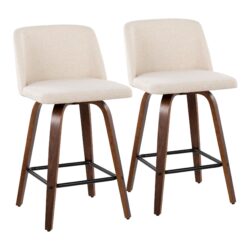 Toriano - Mid-Century Modern Fixed Height Counter Stool & Square Footrest (Set of 2) - Walnut / Cream