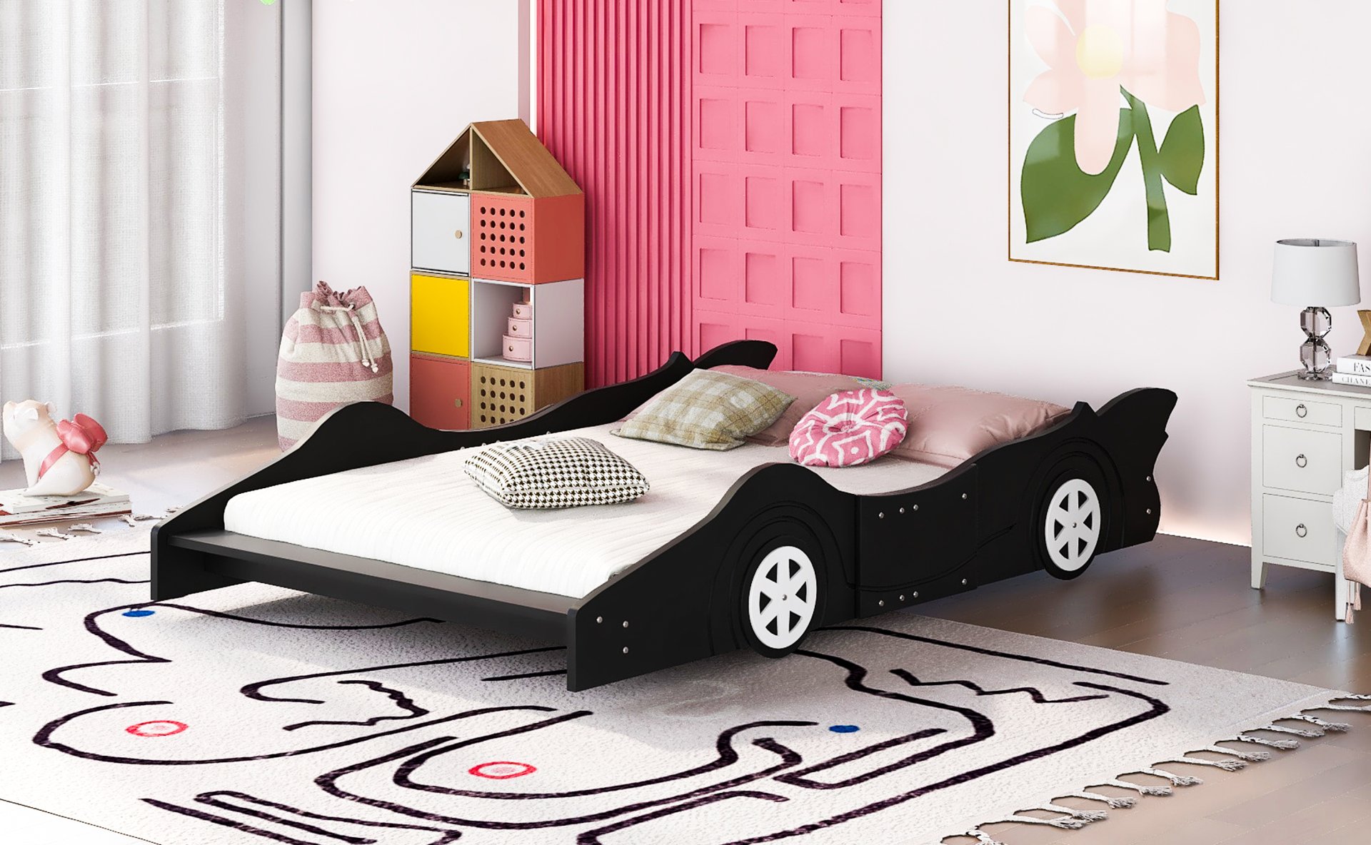 Full Size Race Car Shaped Platform Bed & Wheels - Black - Image 11